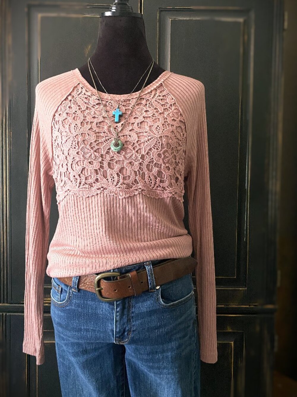 KNOX ROSE Blush Pink Crochet Lace Ribbed Long Sleeve Boho Top | Women's Medium